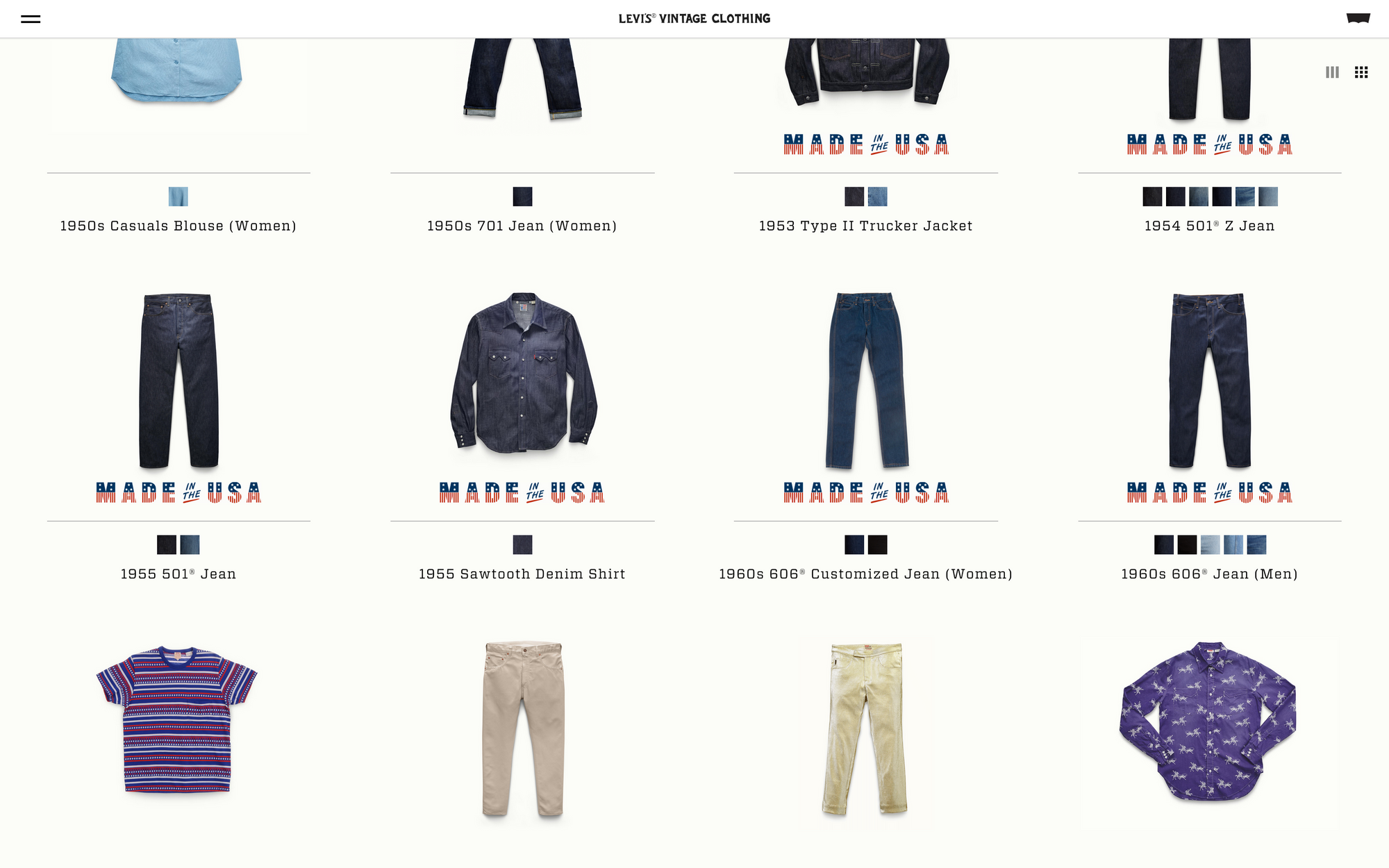 Visual catalog of Levi's Vintage Clothing to shop.